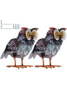 Large Metal Owl Garden Statues - 2PC Outdoor Yard Art for Patio & Backyard Decor